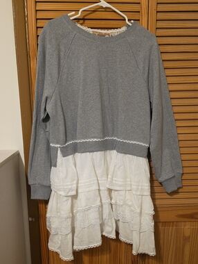 Anthropologie Grey Pullover with White Tiered Lace Skirt